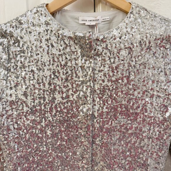 🆕 ✨ GOOD AMERICAN | Metallic Silver Sequin Crop Jacket | Size Small (S) ✨ - Picture 6 of 13